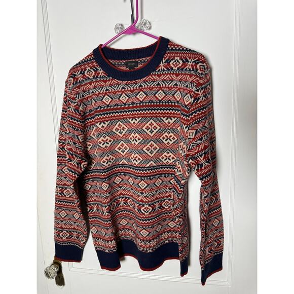 J. Crew Blue Red Fair Isle Nordic Crewneck Lambswool Sweater Pullover Large - Picture 1 of 10